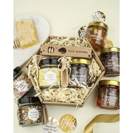 Mały podarunek z herbatą i miodem z dodatkami - heksagon mały